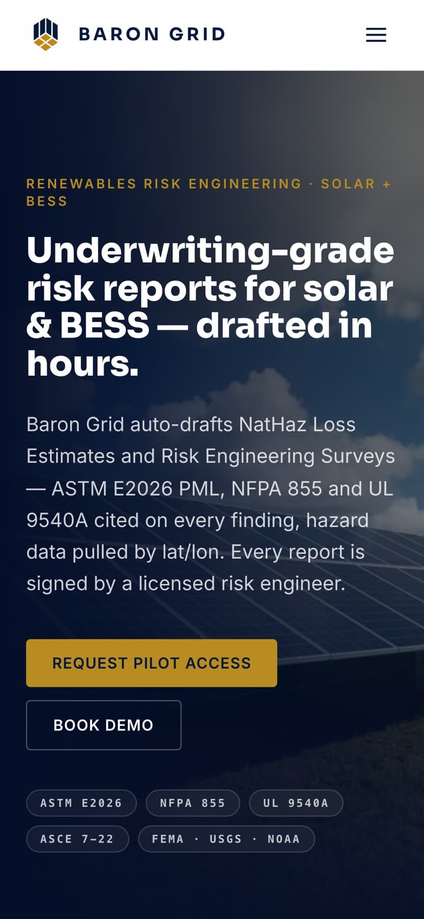 Baron Grid homepage on a phone, with the headline stacked above the product console view.