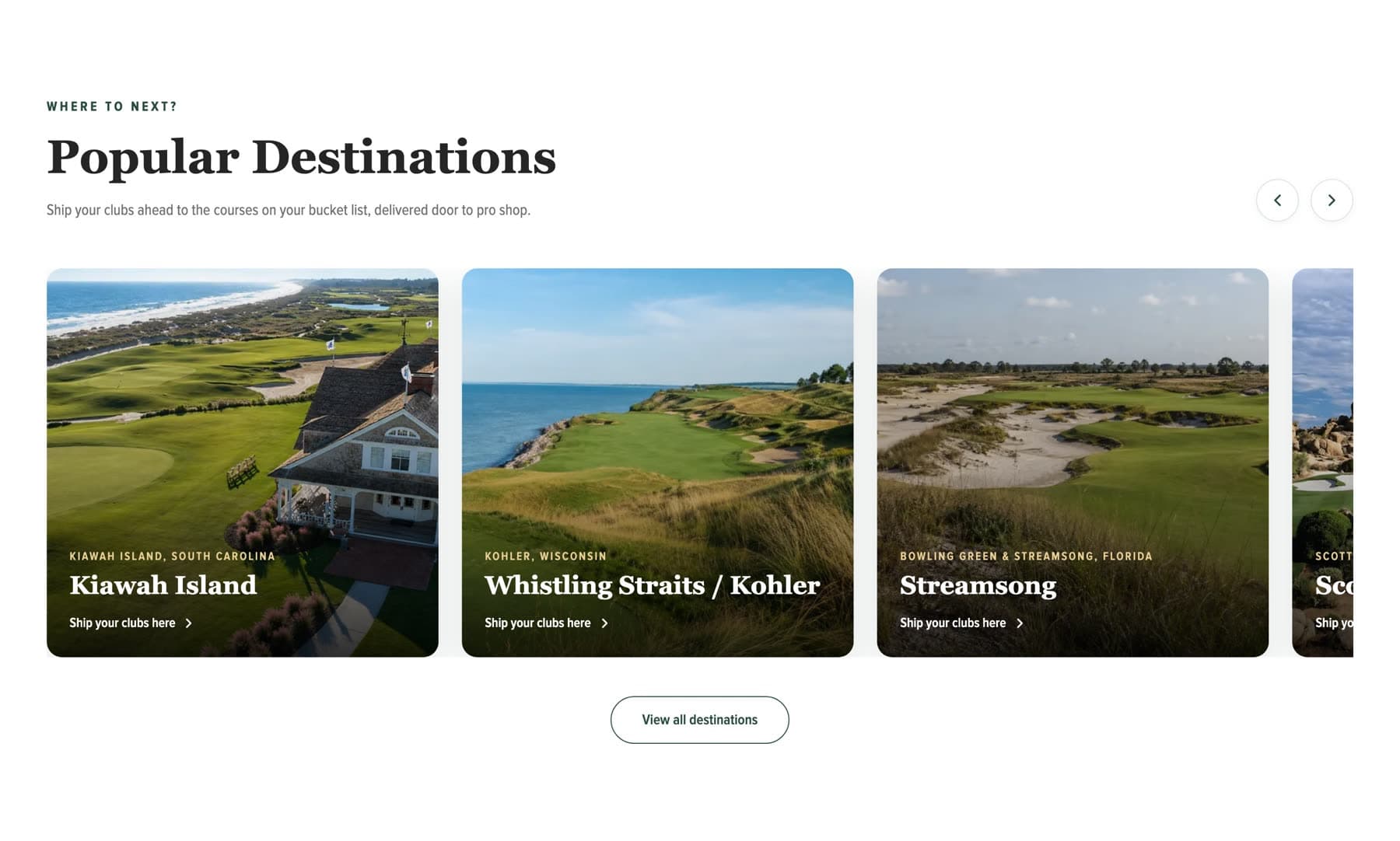 The popular destinations section, linking to dedicated pages for courses and resorts.