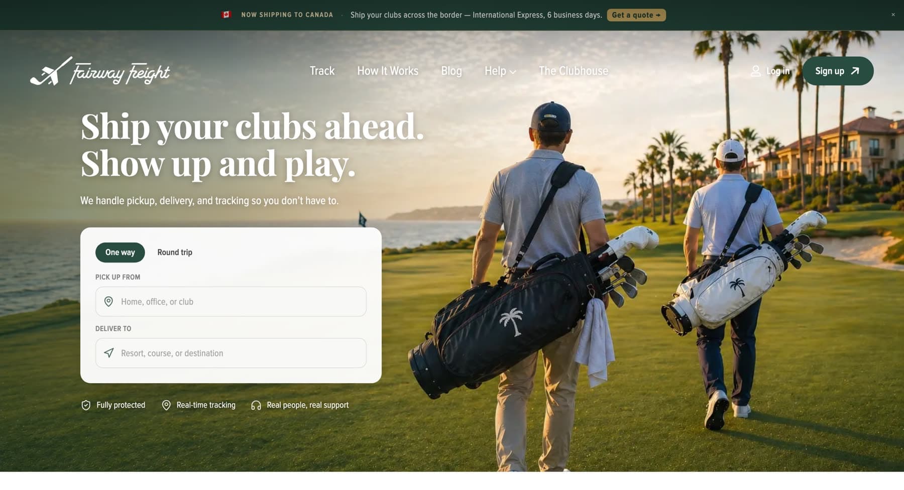 Fairway Freight homepage on desktop: two golfers walking a coastal course at sunset, with the headline 'Ship your clubs ahead. Show up and play.' and a quote widget for pickup and delivery addresses.