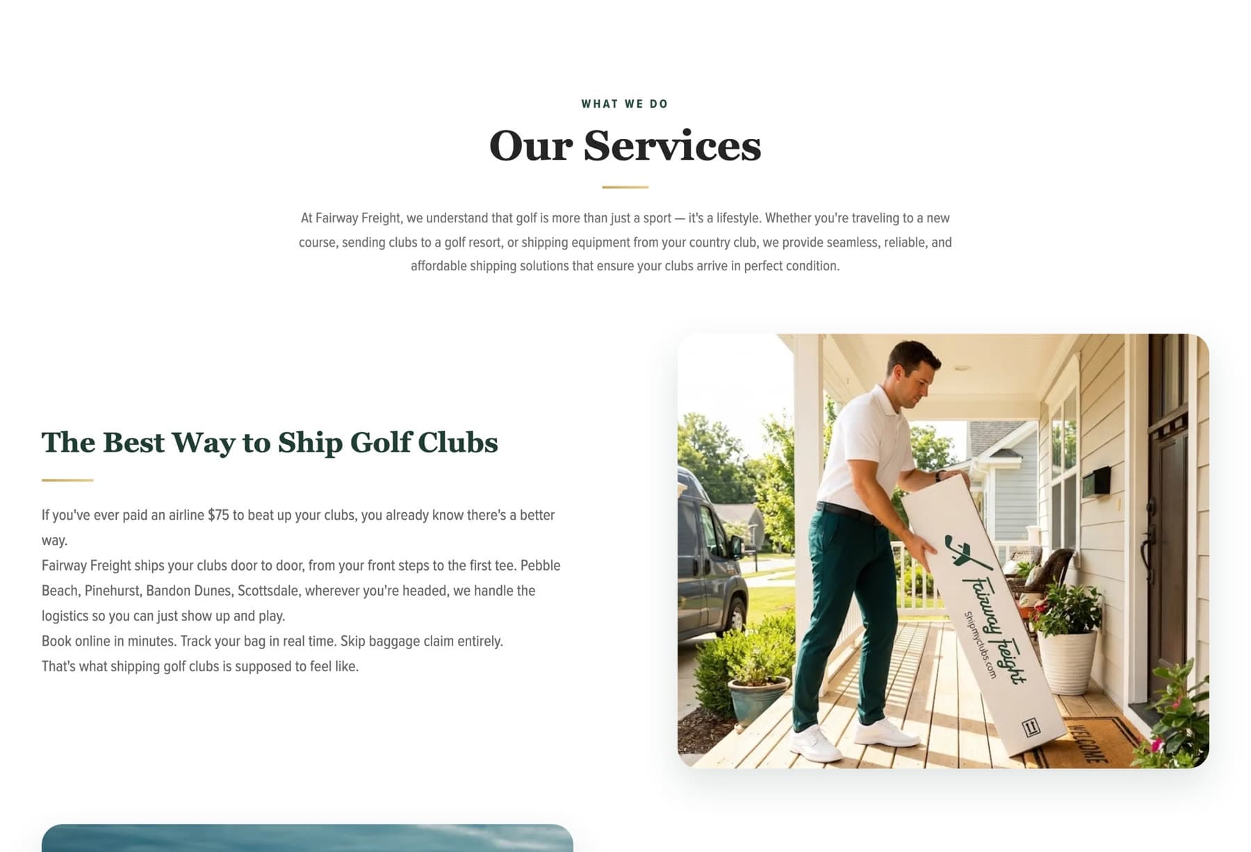 The services section, describing what door-to-door golf club shipping covers.