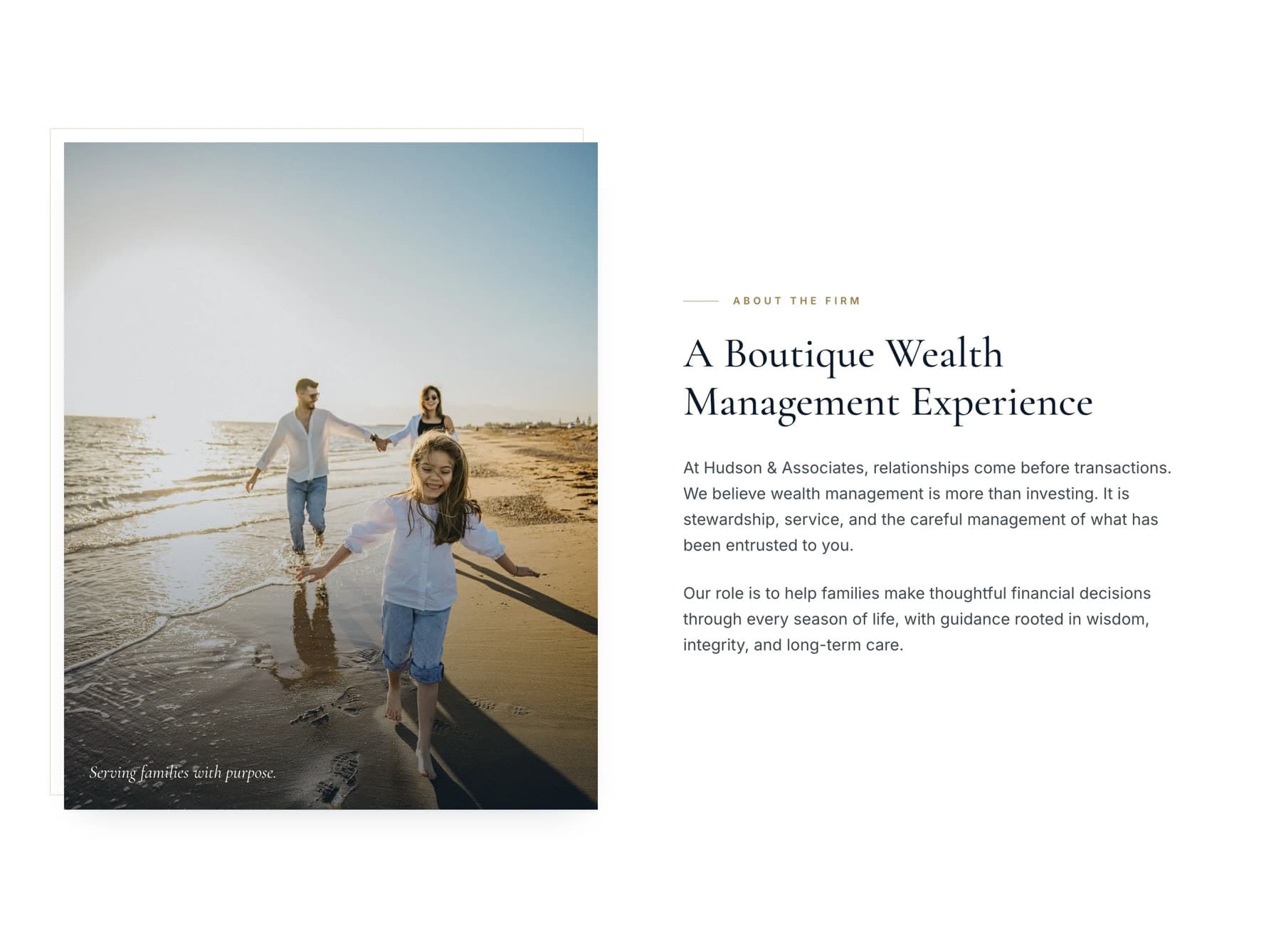The firm introduction section, pairing a photograph with a serif heading and body copy on a bone background.