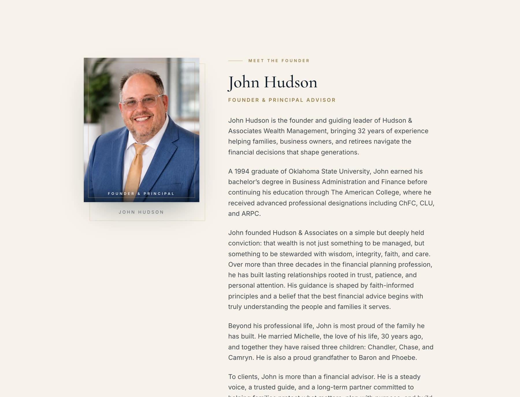 The founder biography, with a portrait framed by a thin gold rule beside several paragraphs of long-form text.