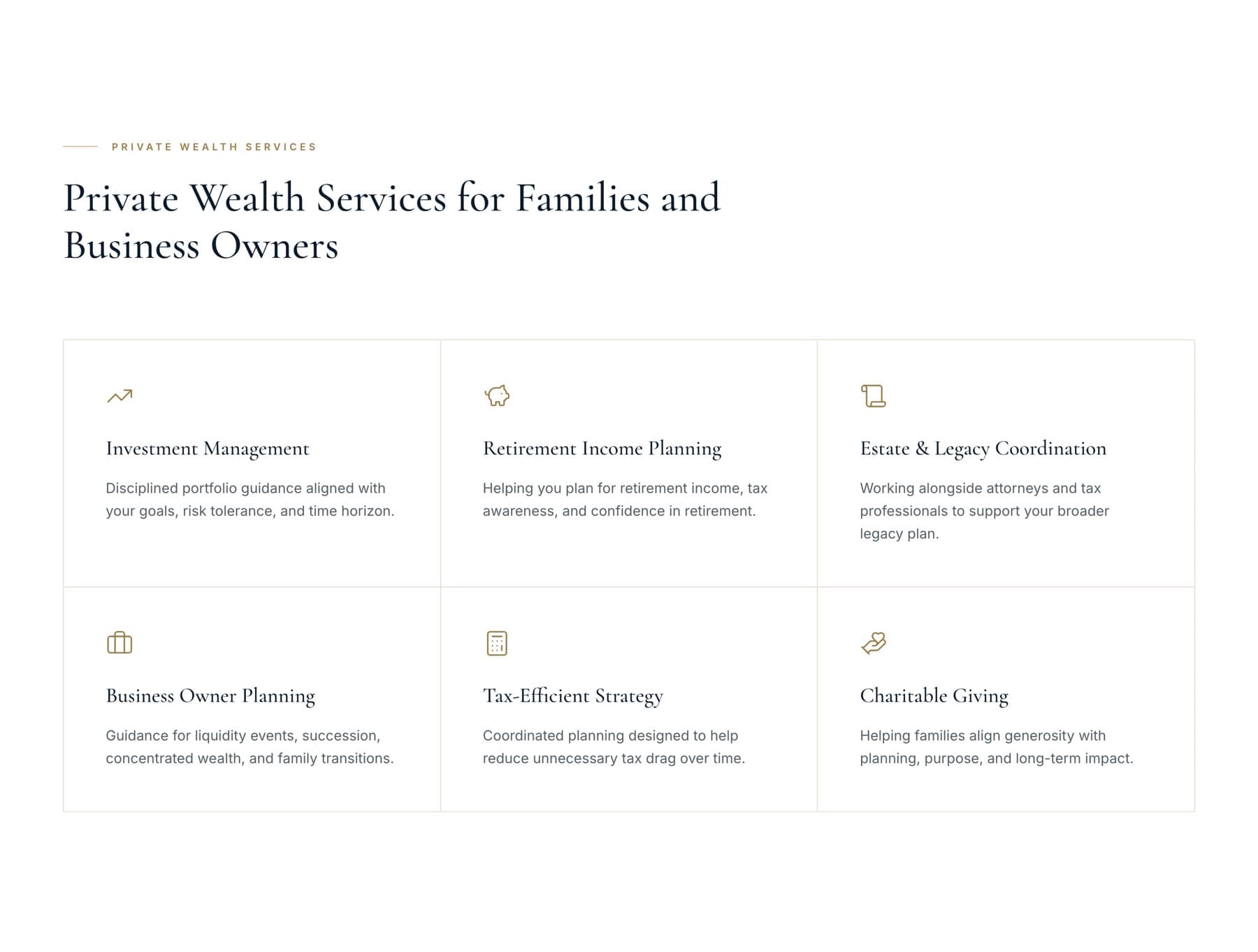 The private wealth services section, laid out as a six-part grid divided by hairline rules.