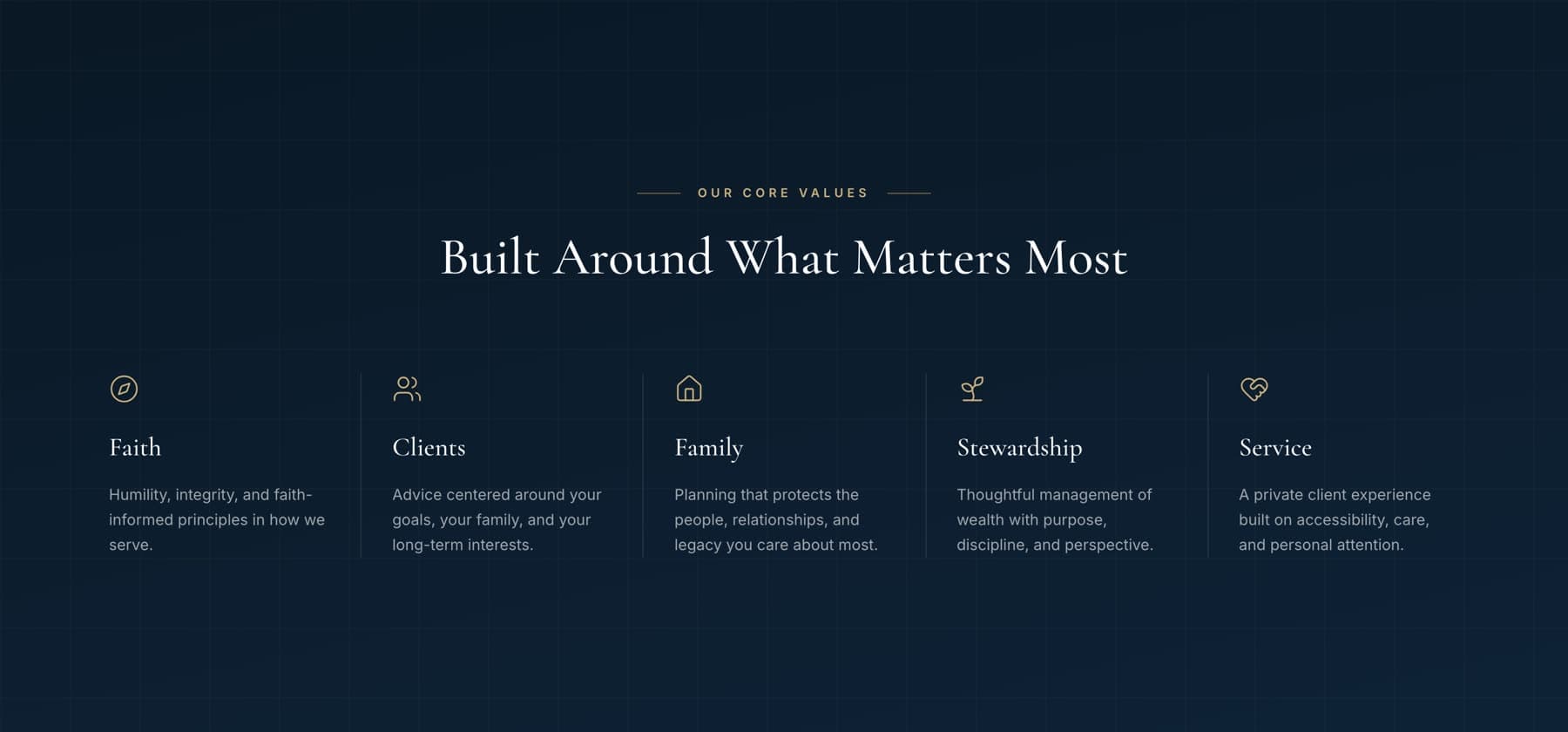 The core values section, presenting the firm's guiding principles in a spare editorial layout.