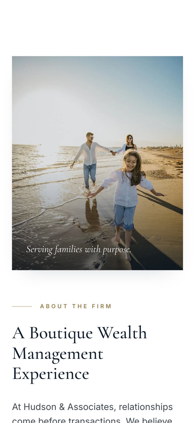 The firm introduction on a phone, with the photograph stacked above a single comfortable column of text.