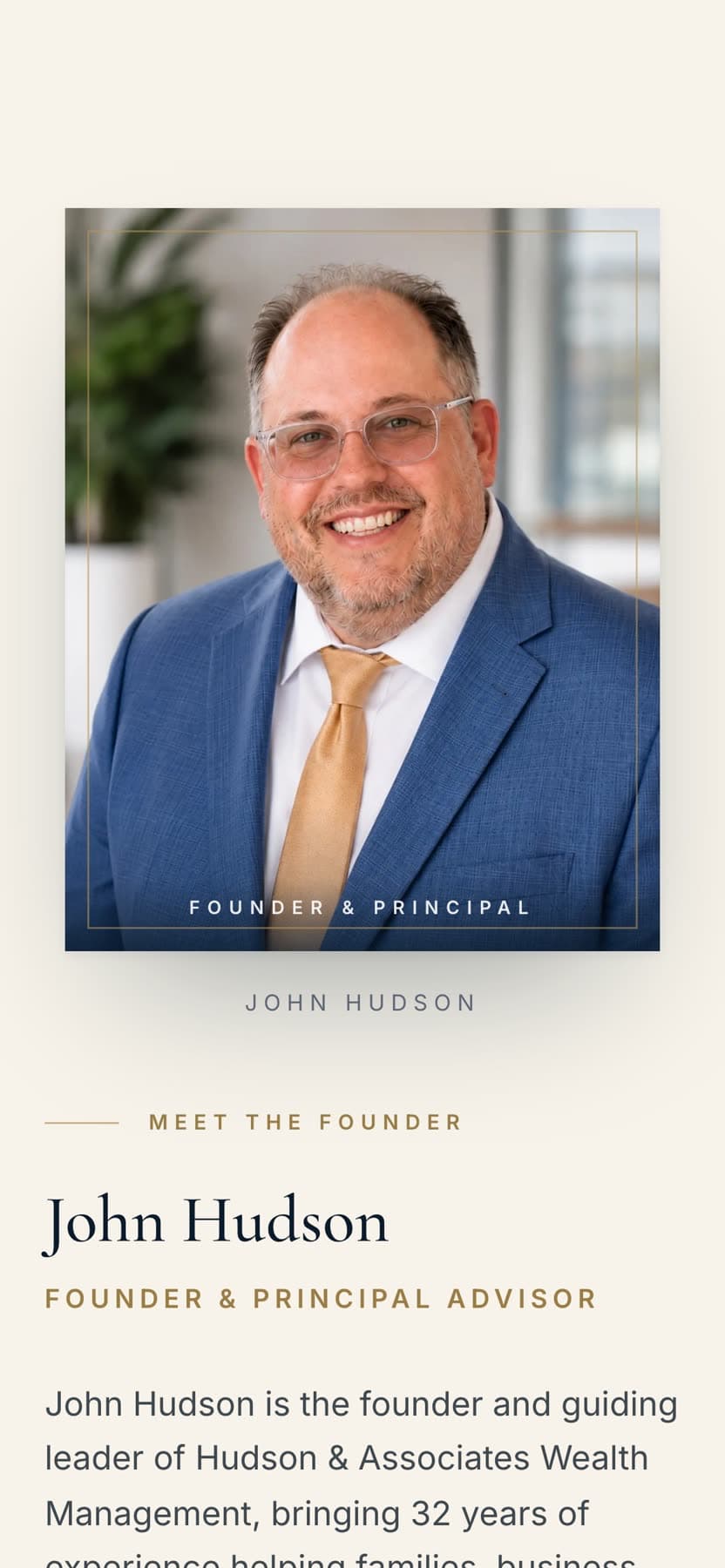 The founder biography on a phone, with the framed portrait above the long-form text.