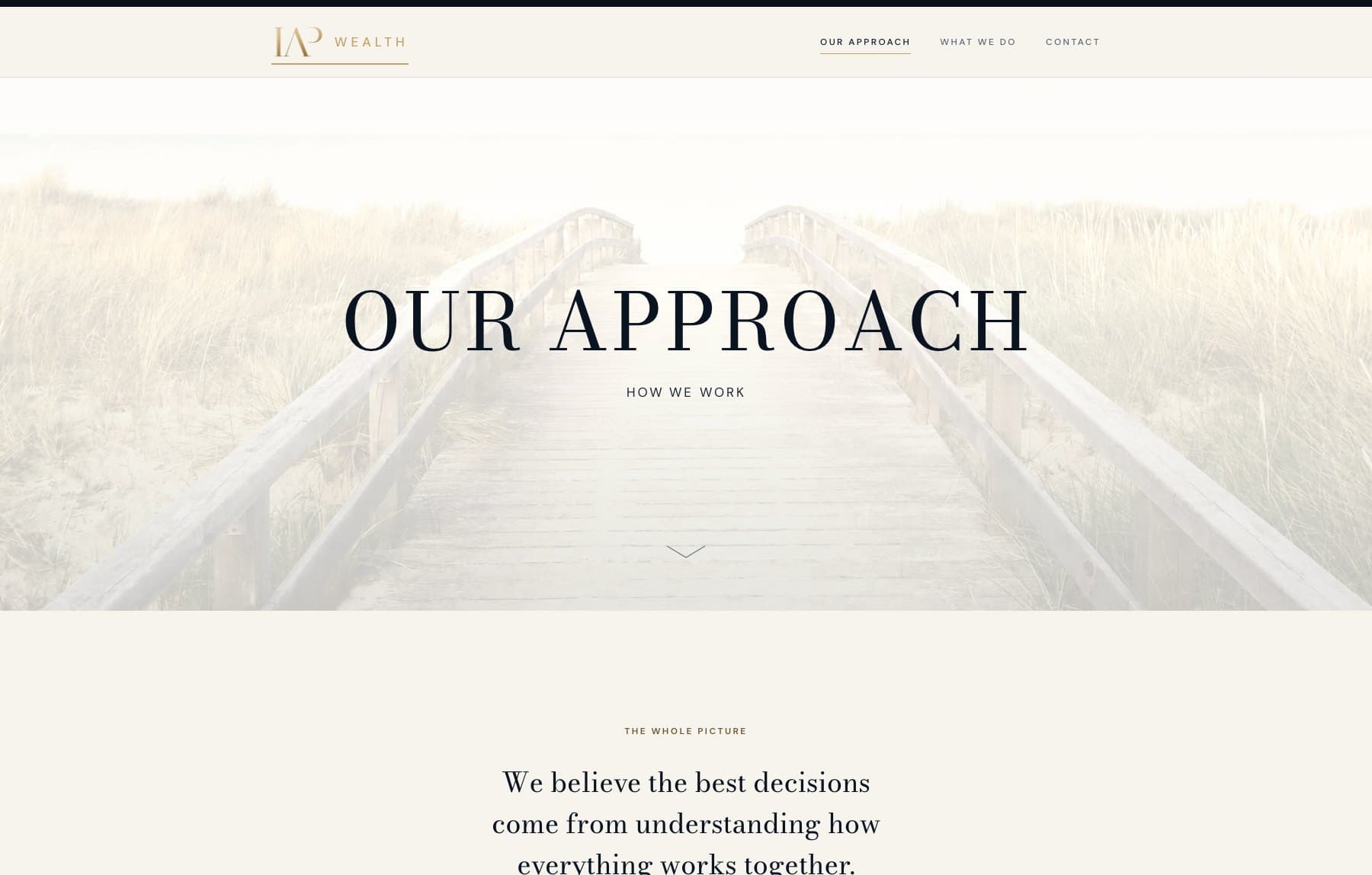 The Our Approach page: a pale photograph of a boardwalk running through dune grass, with the page title in a high-contrast serif and the line 'We believe the best decisions come from understanding how everything works together.'