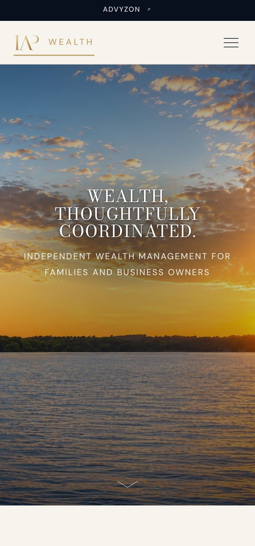 The IAP Wealth homepage on a phone, the compact lockup in the header above the same sunrise photograph and headline.